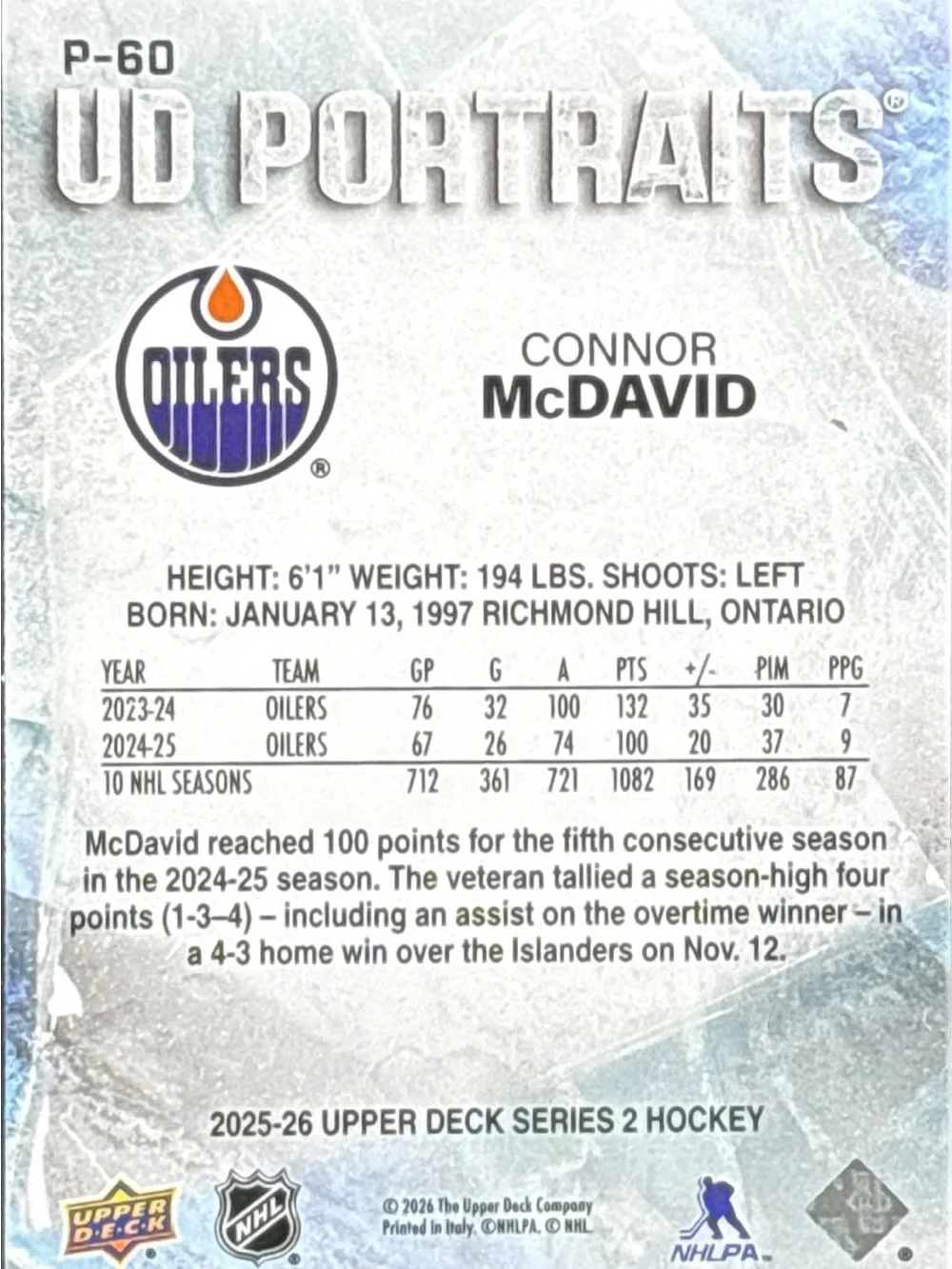 Upper Deck UD Portraits Hockey Trading Card — Blue Foil Connor McDavid